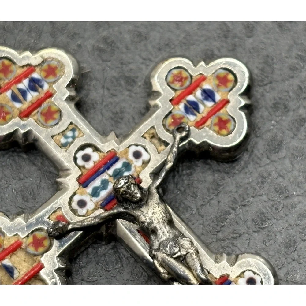 VTG Large Italian Micro Mosaic Crucifix Pendant Cross Religious READ Silver Tone